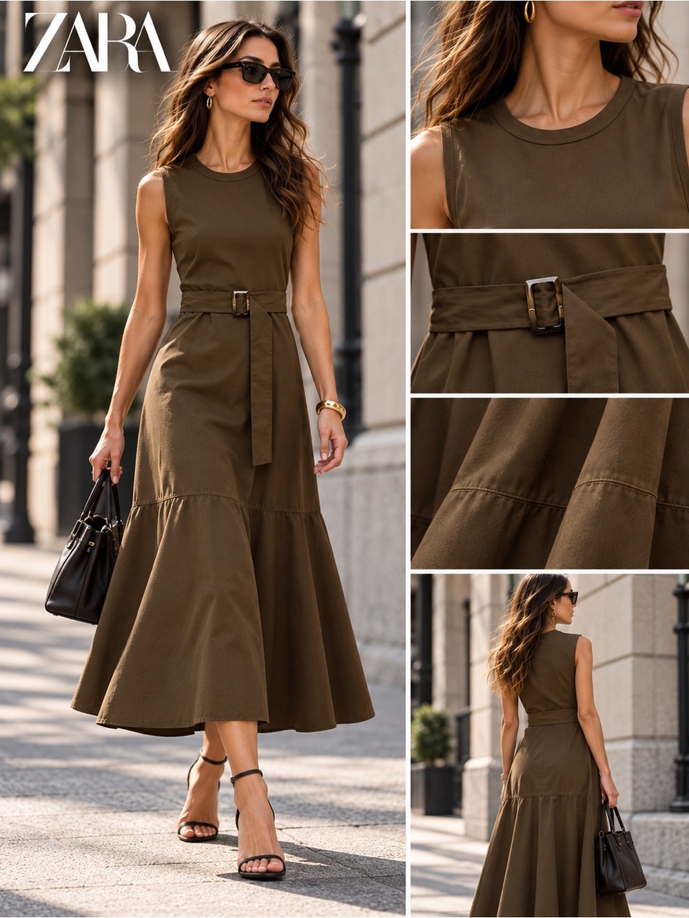 Zara Belted Mixed Cotton Midi Dress – Khaki, Size S NWT